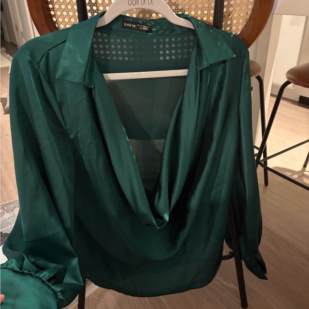 SHEIN Emerald Green Satin Cowl Neck Blouse